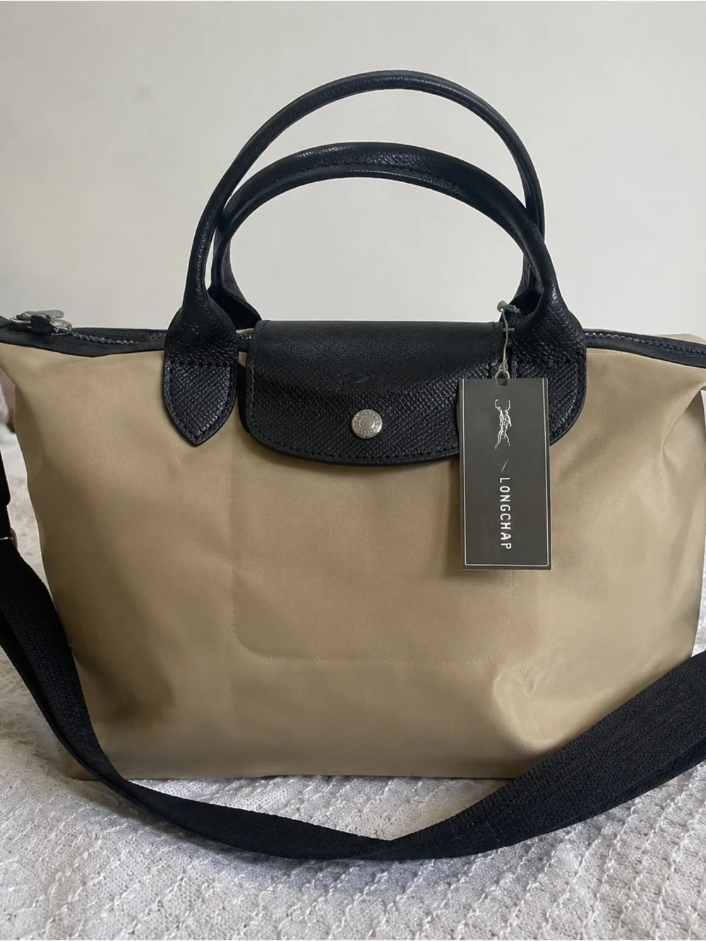 Black & Beige Canvas Tote Bag with Top Handles